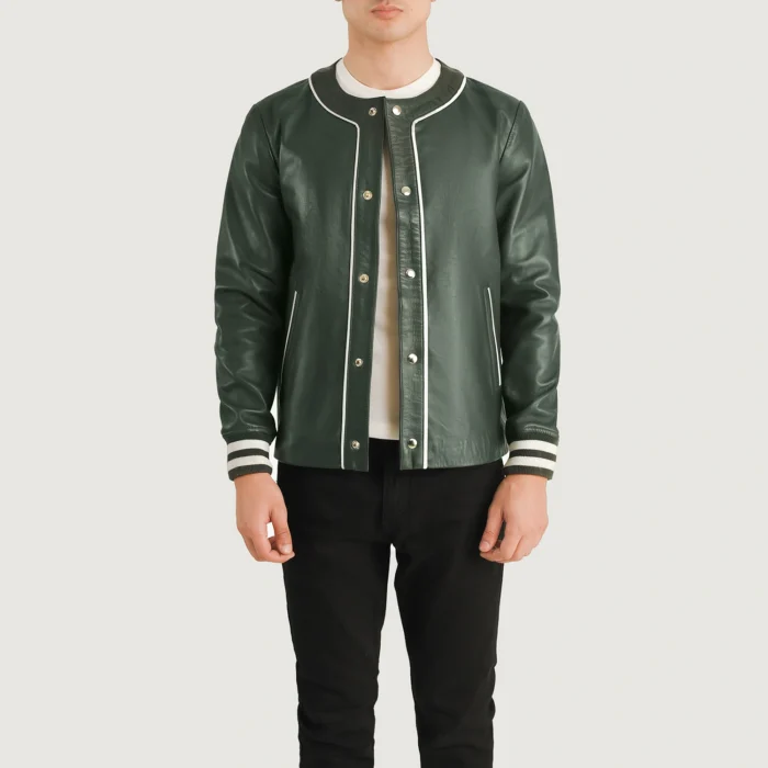 Dark Green Men Varsity Leather Jacket