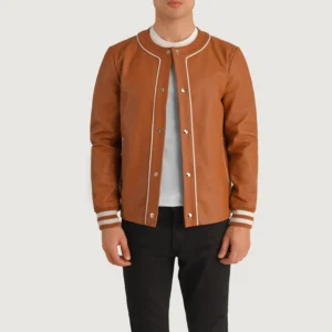 Men Leather Varsity Light Brown Jacket