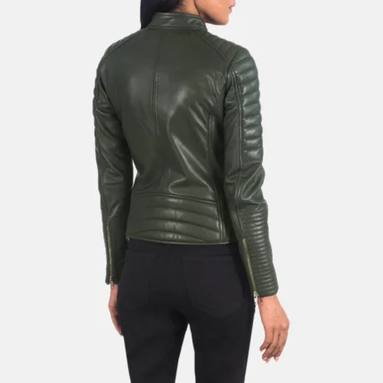 Dark Green Quilted Women Leather Jacket