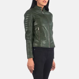 Dark Green Quilted Women Leather Jacket