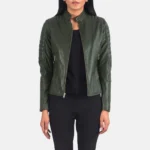 Dark Green Quilted Women Leather Jacket