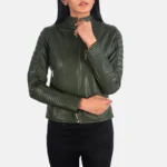 Dark Green Quilted Women Leather Jacket