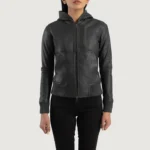 Black Hooded Leather Women Jacket