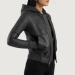 Black Hooded Leather Women Jacket