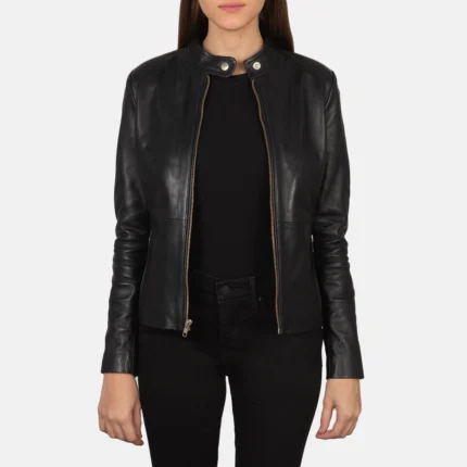 Women Plain Leather Black Biker Jacket