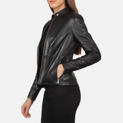 Women Plain Leather Black Biker Jacket