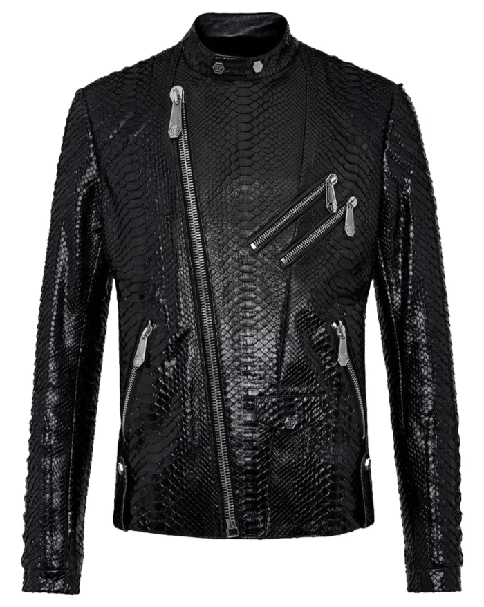 Men Black Python Biker Leather Jacket