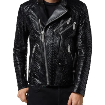 Men Black Python Biker Leather Jacket