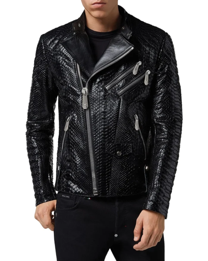 Men Black Python Biker Leather Jacket