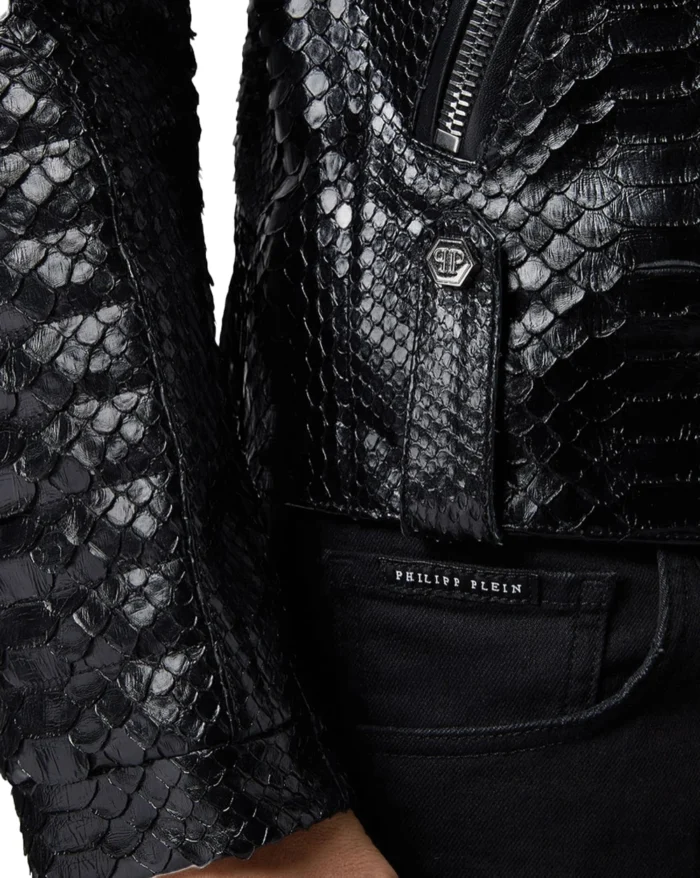 Men Black Python Biker Leather Jacket