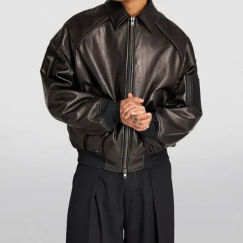 Men Black Plain Leather Bomber Jacket