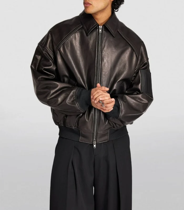 Men Black Plain Leather Bomber Jacket