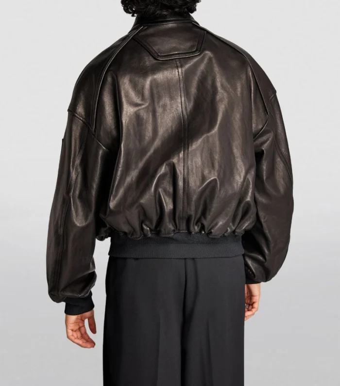 Men Black Plain Leather Bomber Jacket