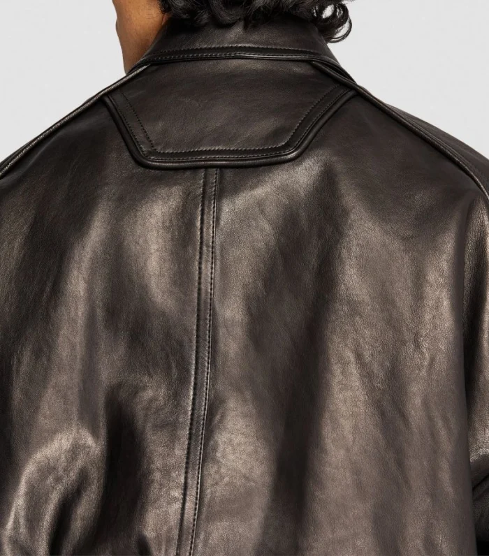 Men Black Plain Leather Bomber Jacket