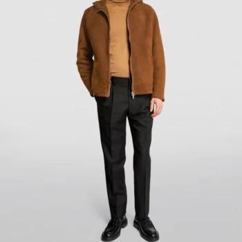 Brown Men Shearling Hooded Wool Jacket