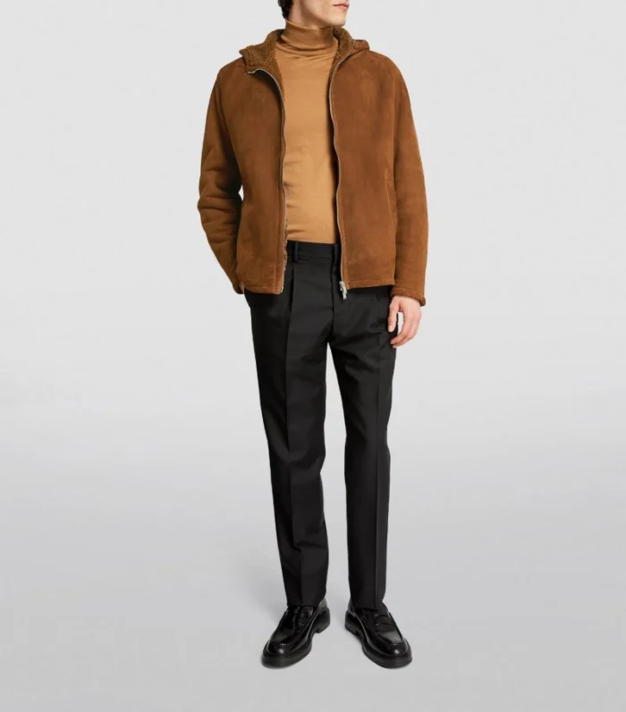 Brown Men Shearling Hooded Wool Jacket