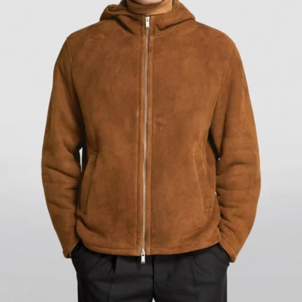 Brown Men Shearling Hooded Wool Jacket