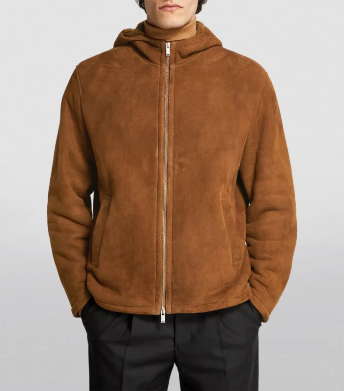 Brown Men Shearling Hooded Wool Jacket