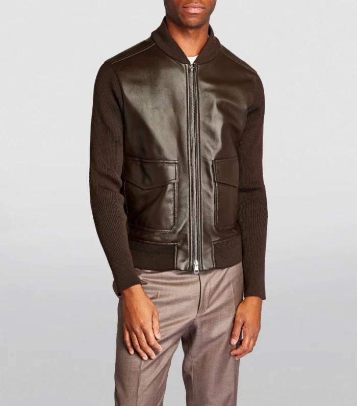 Men Leather Wool Bomber Jacket