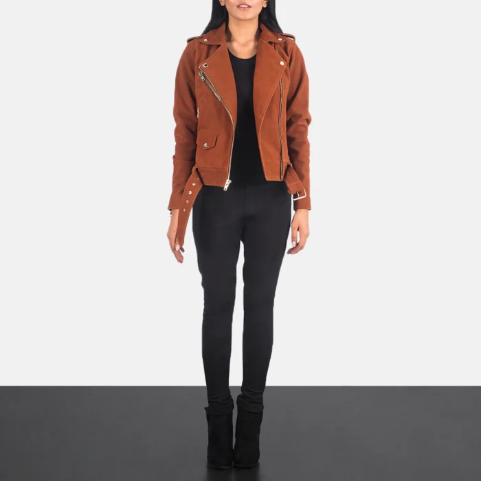 Women Brown Suede Leather Biker Jacket