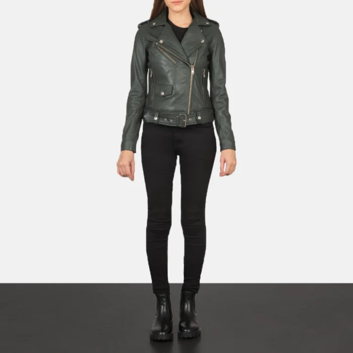 Women Green Leather Biker Jacket