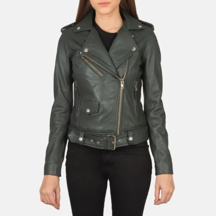 Women Green Leather Biker Jacket