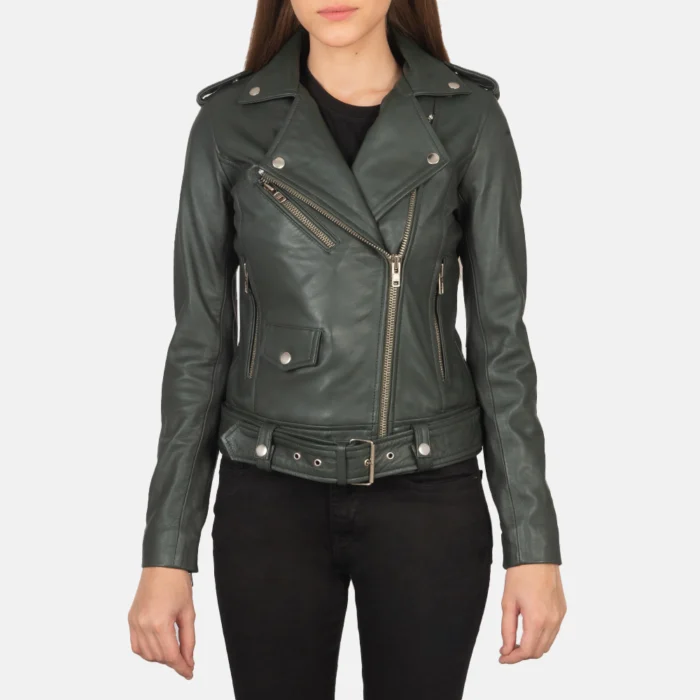 Women Green Leather Biker Jacket