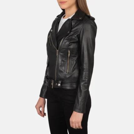 Women Pure Black Leather Biker Jacket