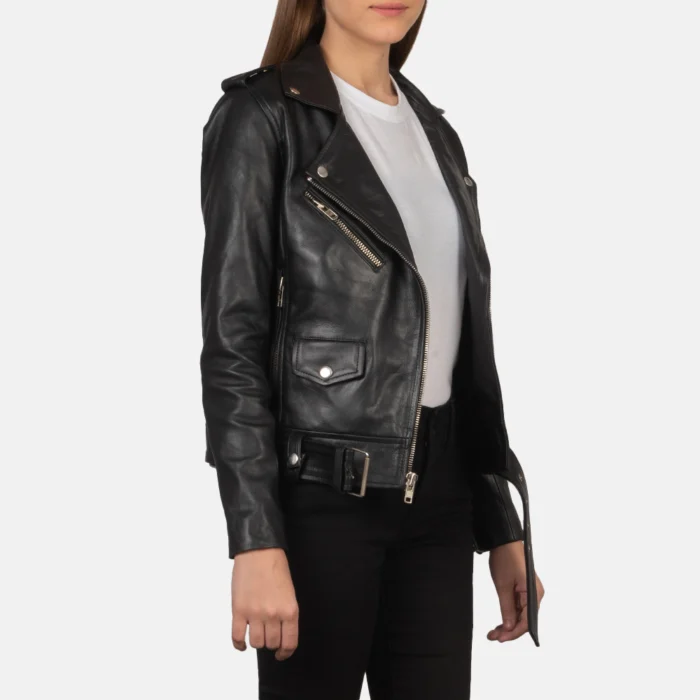 Women Pure Black Leather Biker Jacket