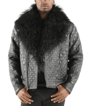 Men Biker Quilted Grey Fur Collar Jacket