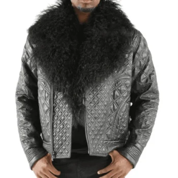 Men Biker Quilted Grey Fur Collar Jacket