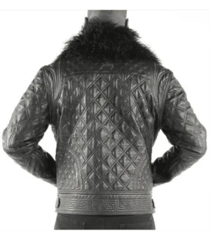 Men Biker Quilted Grey Fur Collar Jacket