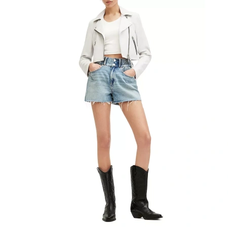 White Cropped Leather Biker Jacket | Pelle Pelle Store view 2