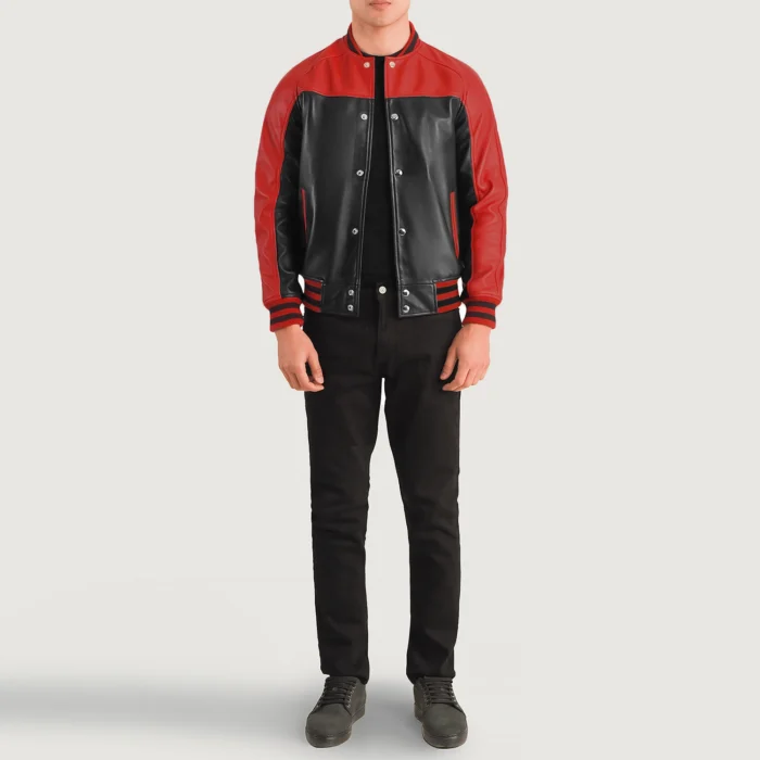 Men Varsity Red And Black Leather Jacket