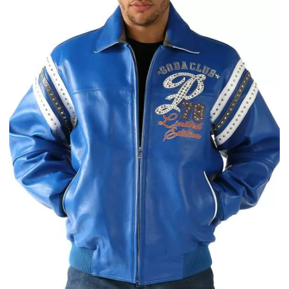 Pelle Pelle Blue Studded Leather Jacket | Soda Club Jacket