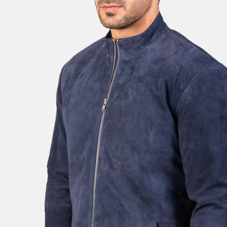 Navy Blue Suede Motorcycle Leather Jacket | Biker Jacket view 2