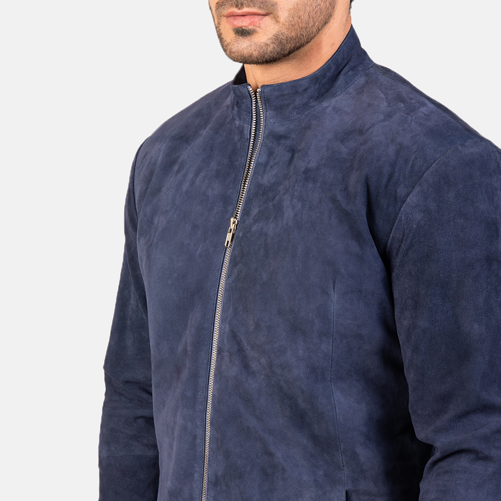 Navy Blue Suede Motorcycle Leather Jacket | Biker Jacket view 2