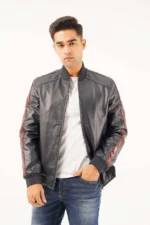 Men Black Leather Bomber Jacket