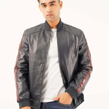 Men Black Leather Bomber Jacket