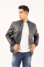 Men Black Leather Bomber Jacket