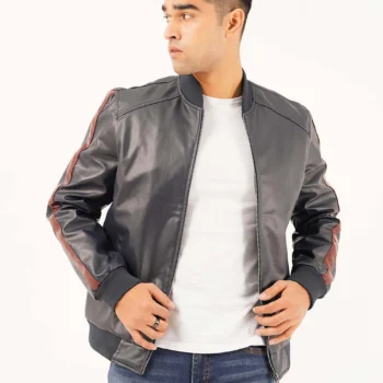 Men Black Leather Bomber Jacket