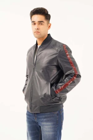 Men Black Leather Bomber Jacket