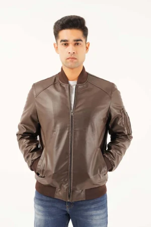 Men Brown Leather Bomber Jacket