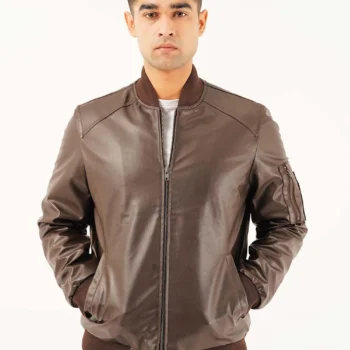 Men Brown Leather Bomber Jacket