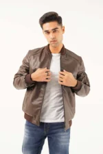 Men Brown Leather Bomber Jacket