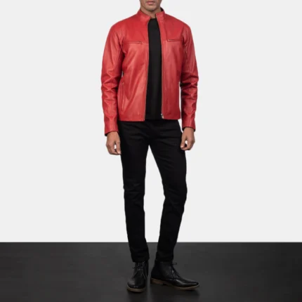 Men Plain Biker Red Leather Jacket