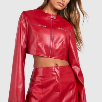 Women Red Cropped Leather Jacket