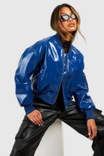 Women Dark Blue Cropped Leather Jacket