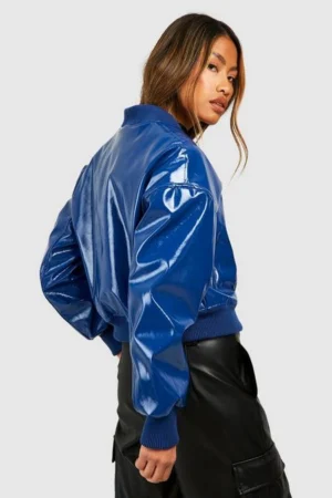 Women Dark Blue Cropped Leather Jacket