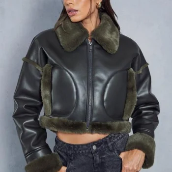 Women Fur Aviator Cropped Leather Jacket